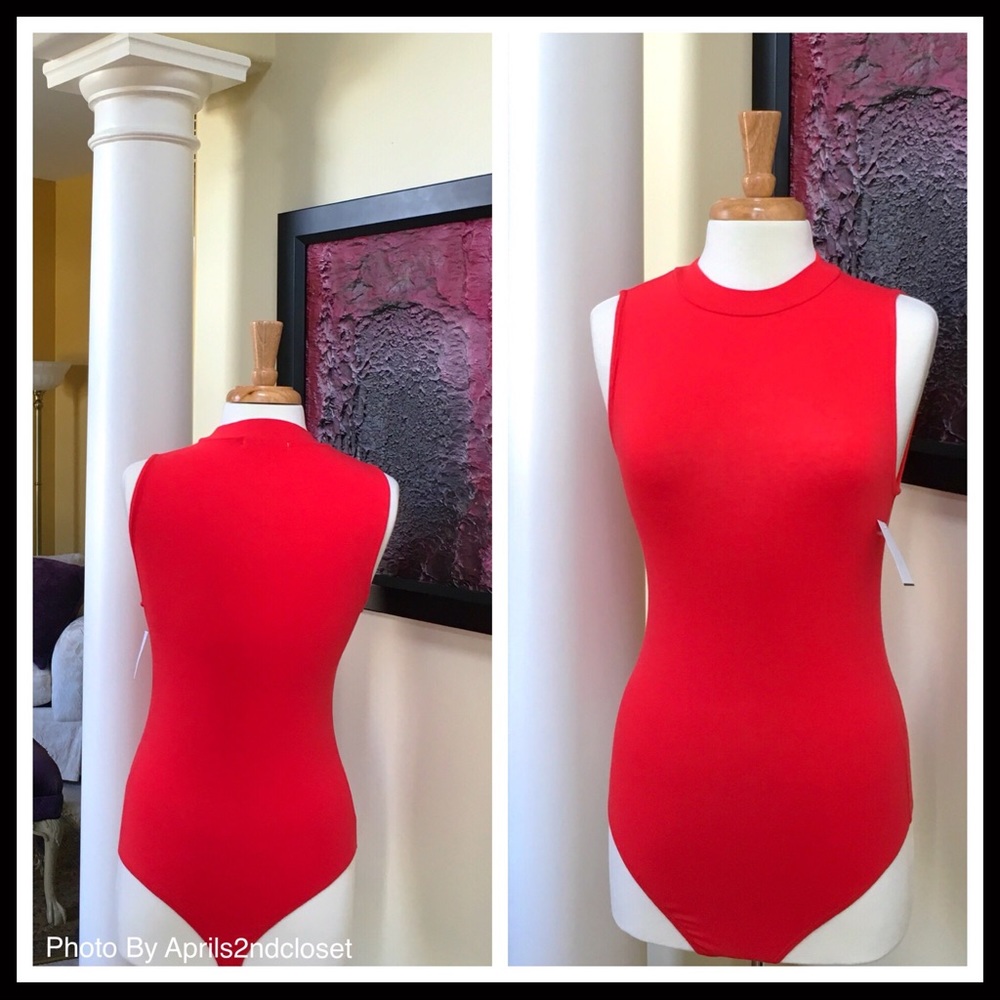 ❌SOLD❌RED KNIT STRETCH BODYSUIT Mock Neck - Picture 6 of 8